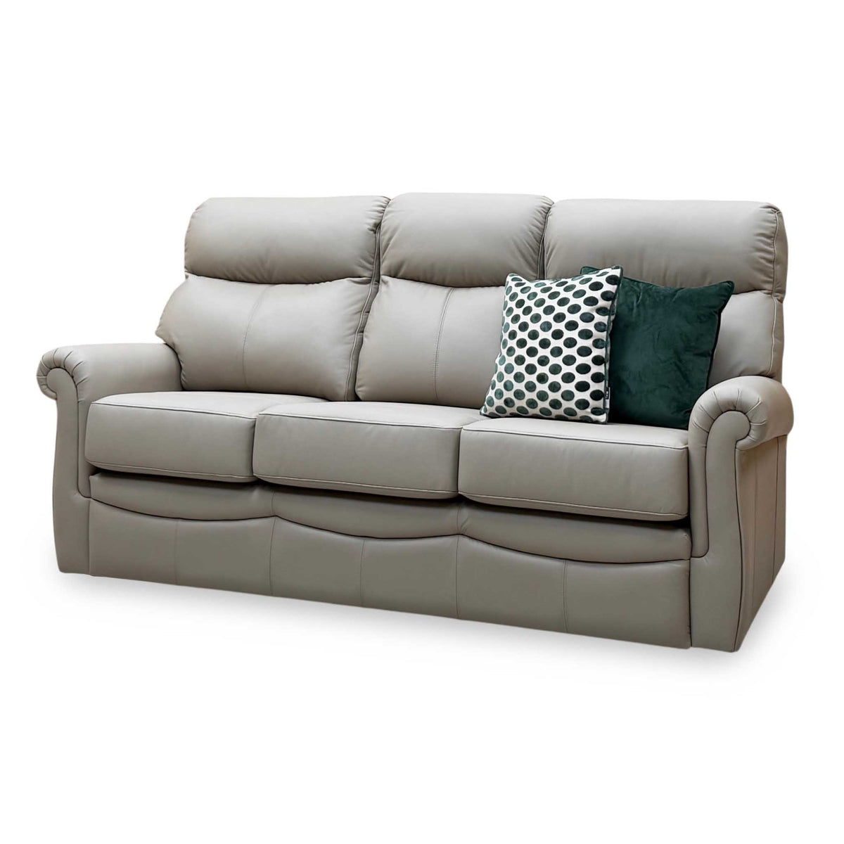 Side angle of the G Plan Avon taupe leather 3 seater sofa from the right showing the rolled arm