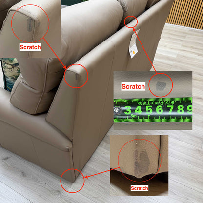 G Plan Avon taupe leather sofa from the rear with three scratches circled and shown in insets, tape measure on one