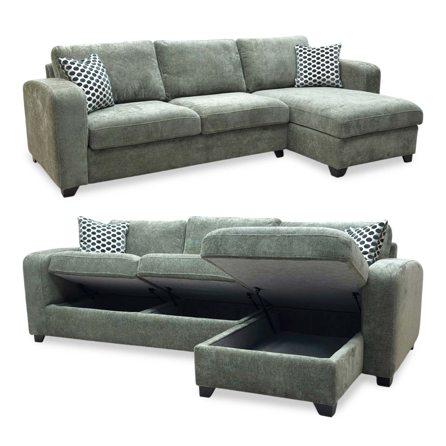 ‘Layla’ Forest Green Woven Fabric Left Hand Facing Full Storage Chaise End 3 Seater Sofa