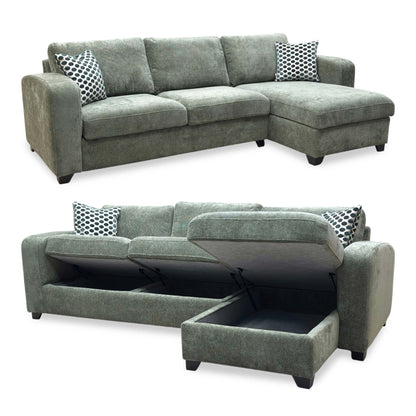 ‘Layla’ Forest Green Woven Fabric Left Hand Facing Full Storage Chaise End 3 Seater Sofa