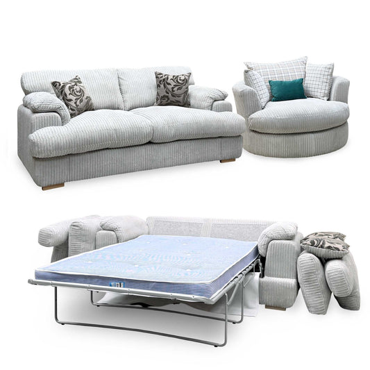 ‘Celine’ Mink and Mocha Celine Jumbo Cord Fabric 3 Seater Formal Back Deluxe Sofa Bed + Large Swivel Chair