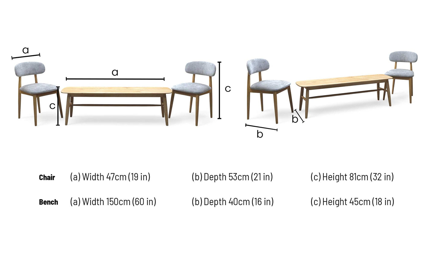 ‘Stockholm' Light Oak Solid Oak 150cm Dining Bench + 2 Dining Chairs