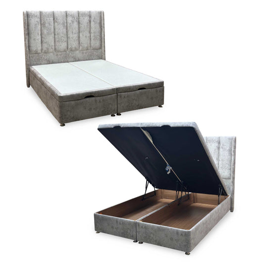 Artisan Collection ‘Ryo’ Daytona Stone Grey Velvet Fabric High Floor Standing Headboard + Double End Lift Ottoman Divan Base - Double