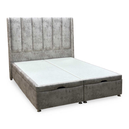 Artisan Collection ‘Ryo’ Daytona Stone Grey Velvet Fabric High Floor Standing Headboard + Double End Lift Ottoman Divan Base - Double