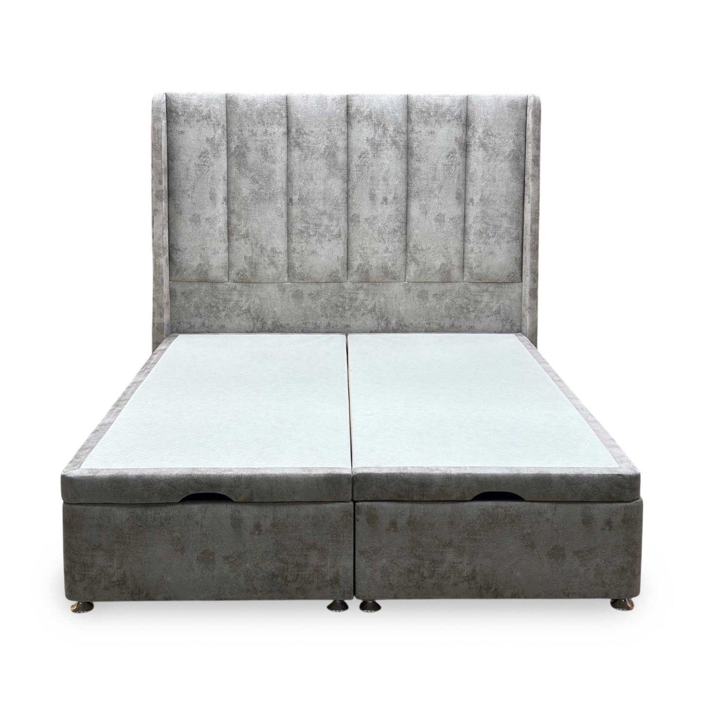 Artisan Collection ‘Ryo’ Daytona Stone Grey Velvet Fabric High Floor Standing Headboard + Double End Lift Ottoman Divan Base - Double
