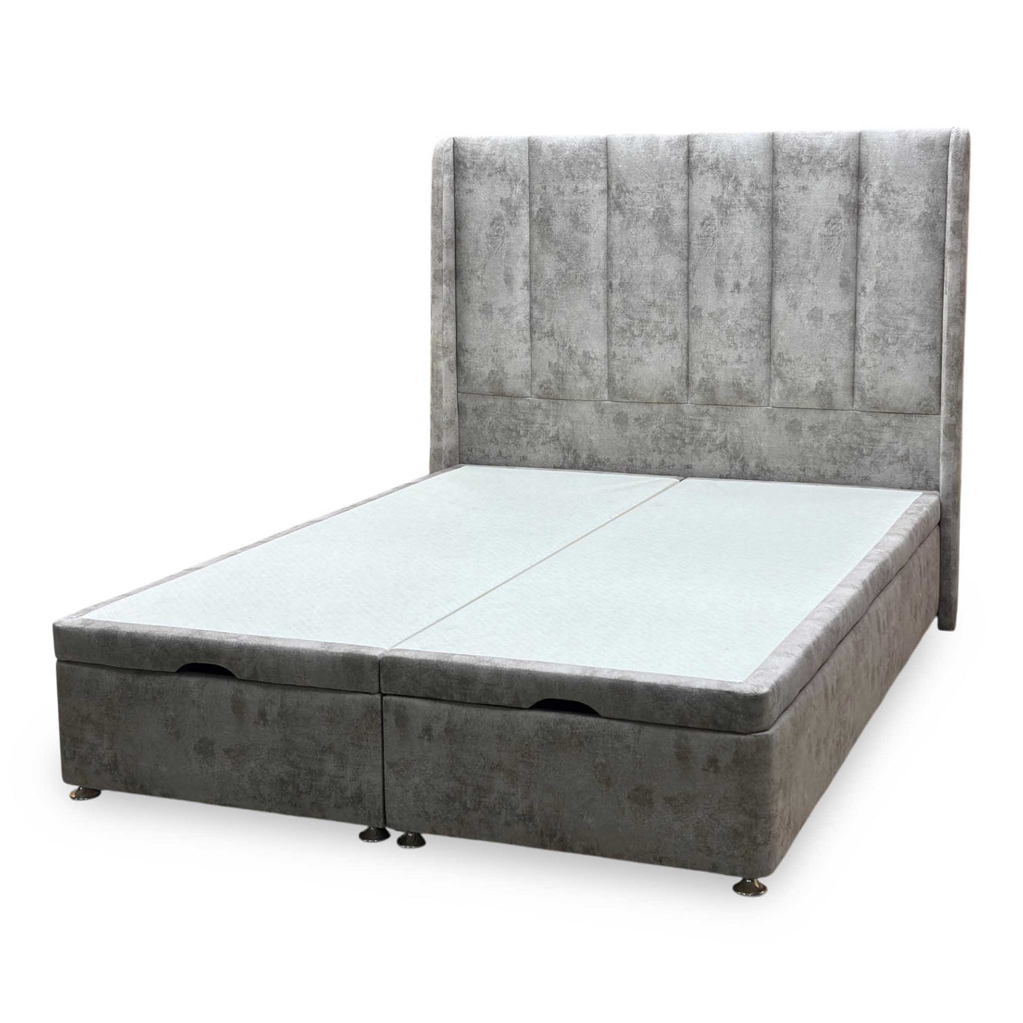 Artisan Collection ‘Ryo’ Daytona Stone Grey Velvet Fabric High Floor Standing Headboard + Double End Lift Ottoman Divan Base - Double