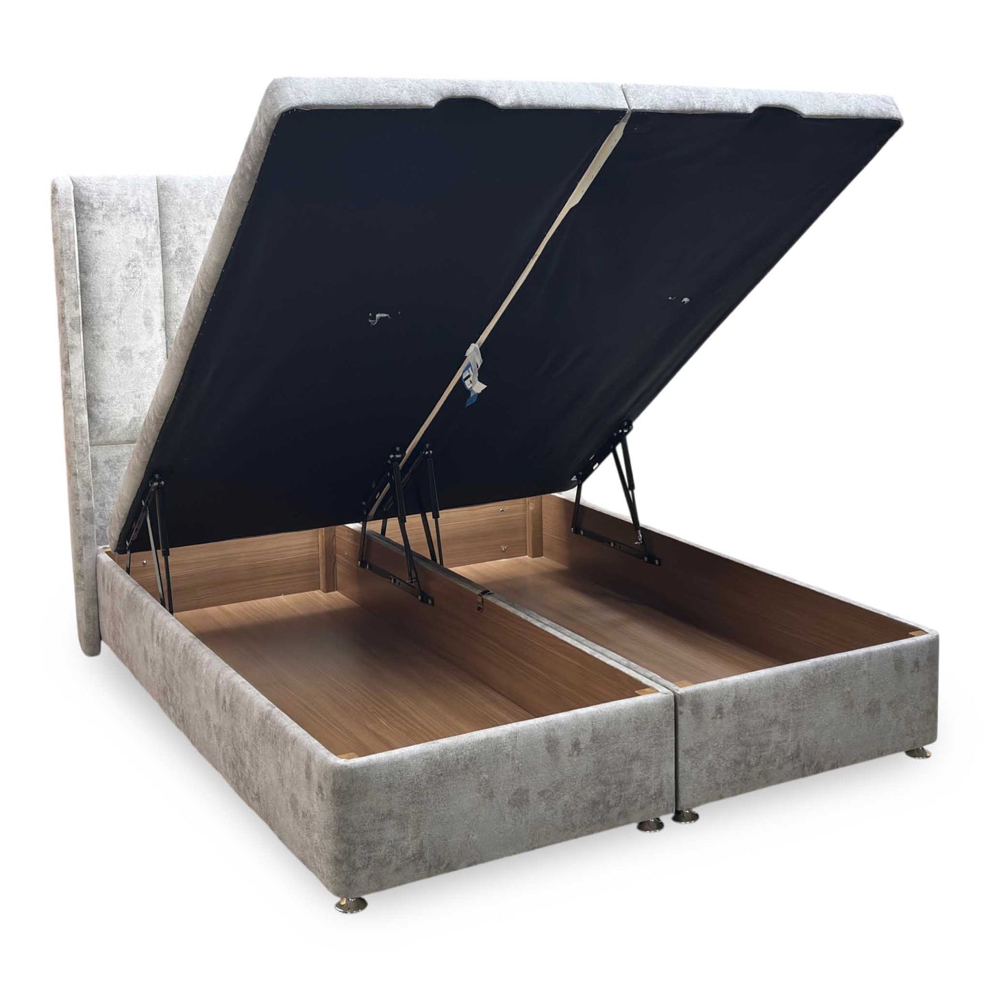 Artisan Collection ‘Ryo’ Daytona Stone Grey Velvet Fabric High Floor Standing Headboard + Double End Lift Ottoman Divan Base - Double
