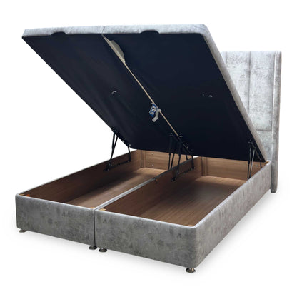 Artisan Collection ‘Ryo’ Daytona Stone Grey Velvet Fabric High Floor Standing Headboard + Double End Lift Ottoman Divan Base - Double