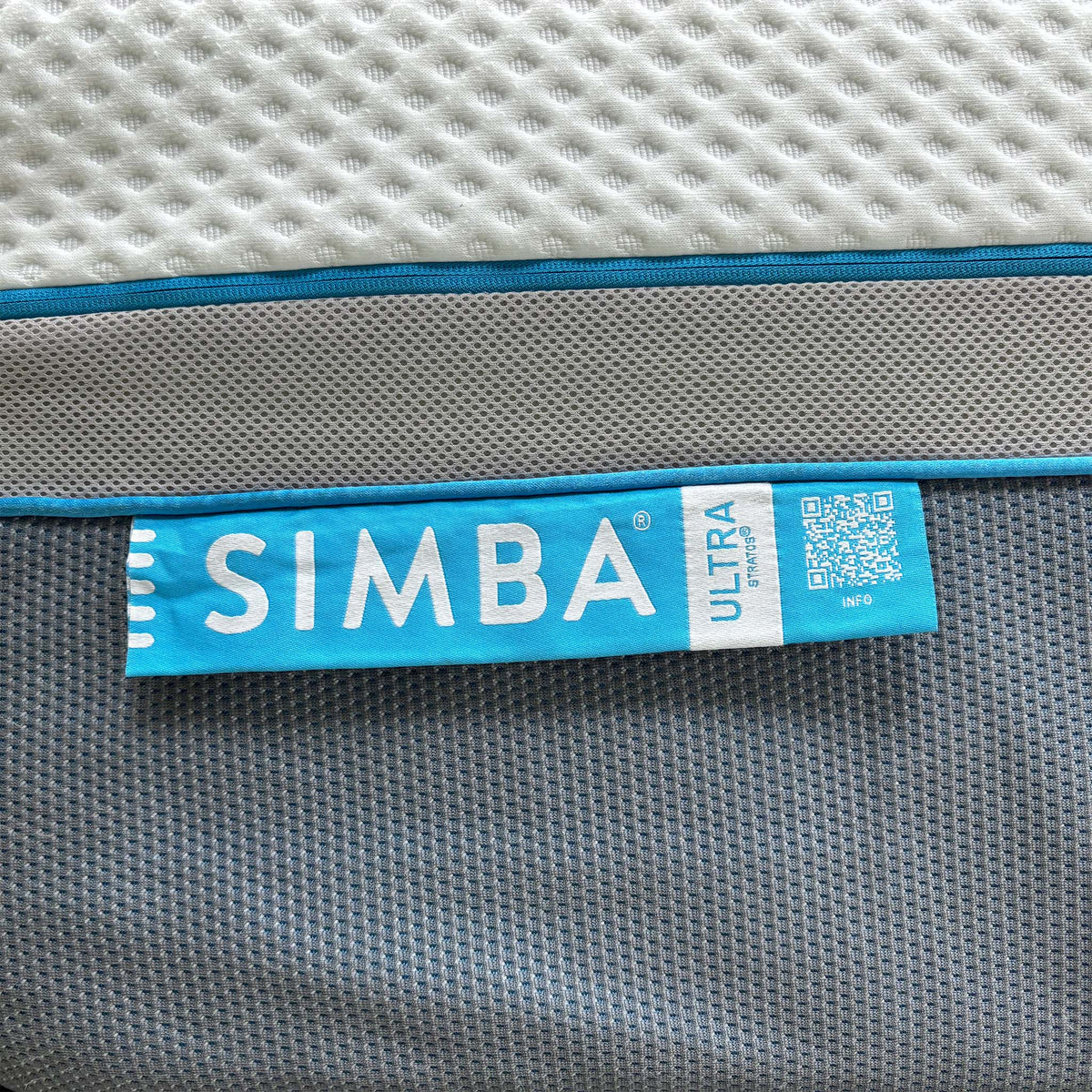 Close-up of the Simba Ultra label on the grey side panel of the Ultra Hybrid 7300 mattress