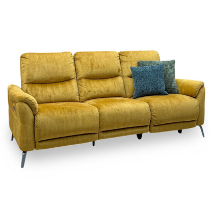 ‘Daytona’ 52002 Heritage Saffron Yellow Velvet Fabric 3 Seater Power Recliner Sofa with Drinks Holder and Built-in Bluetooth Speaker