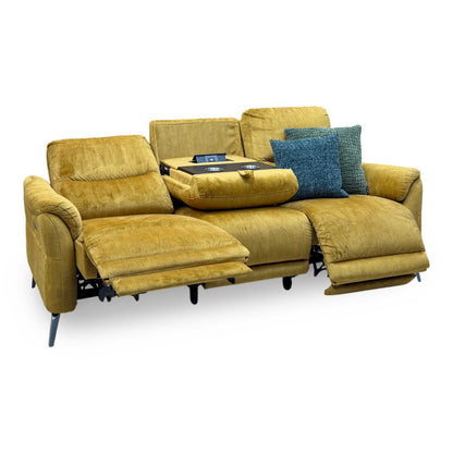 ‘Daytona’ 52002 Heritage Saffron Yellow Velvet Fabric 3 Seater Power Recliner Sofa with Drinks Holder and Built-in Bluetooth Speaker