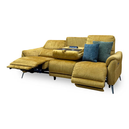 ‘Daytona’ 52002 Heritage Saffron Yellow Velvet Fabric 3 Seater Power Recliner Sofa with Drinks Holder and Built-in Bluetooth Speaker
