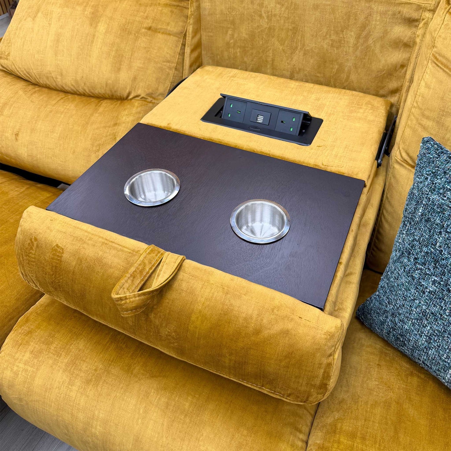 ‘Daytona’ 52002 Heritage Saffron Yellow Velvet Fabric 3 Seater Power Recliner Sofa with Drinks Holder and Built-in Bluetooth Speaker