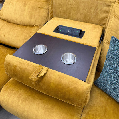 ‘Daytona’ 52002 Heritage Saffron Yellow Velvet Fabric 3 Seater Power Recliner Sofa with Drinks Holder and Built-in Bluetooth Speaker