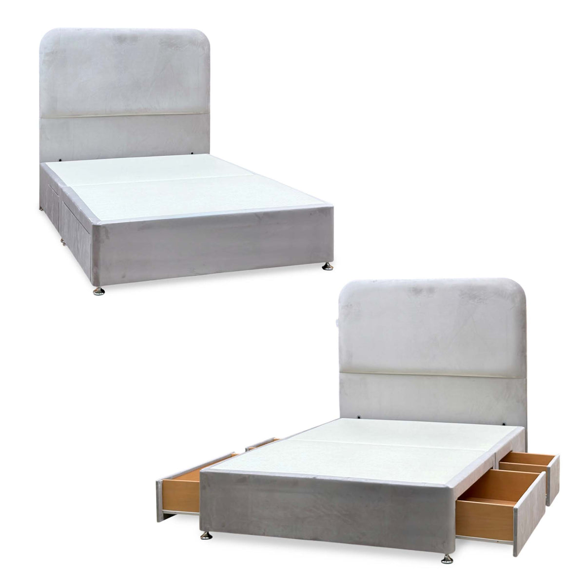 Hamilton argent grey velvet floor standing headboard and double divan base shown with drawers closed and open