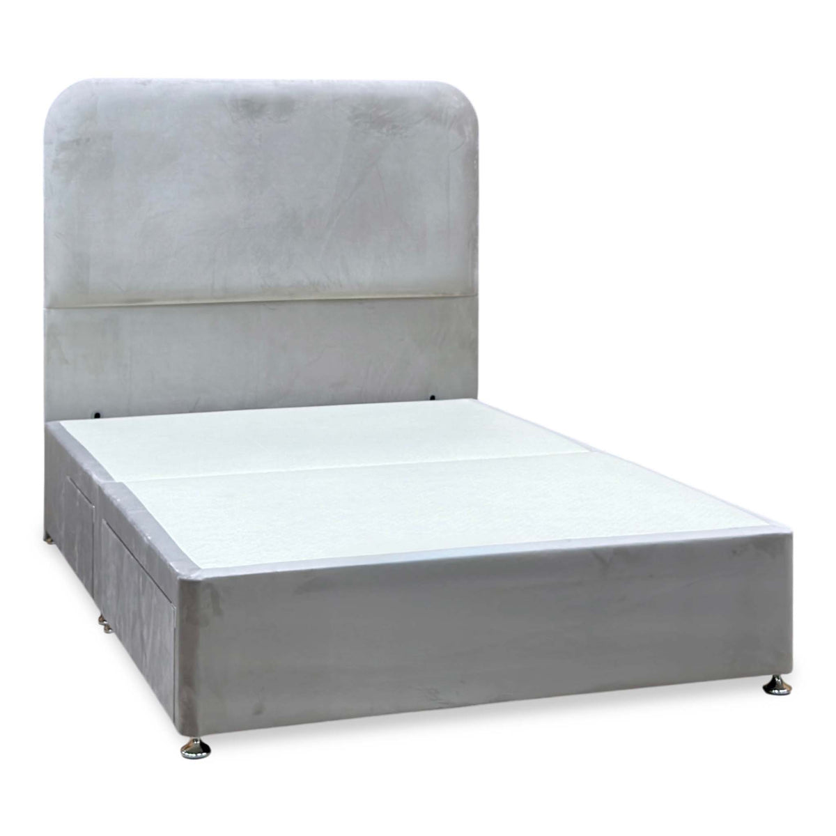 Hamilton argent grey velvet double divan base with curved-top headboard, angled view with drawers closed