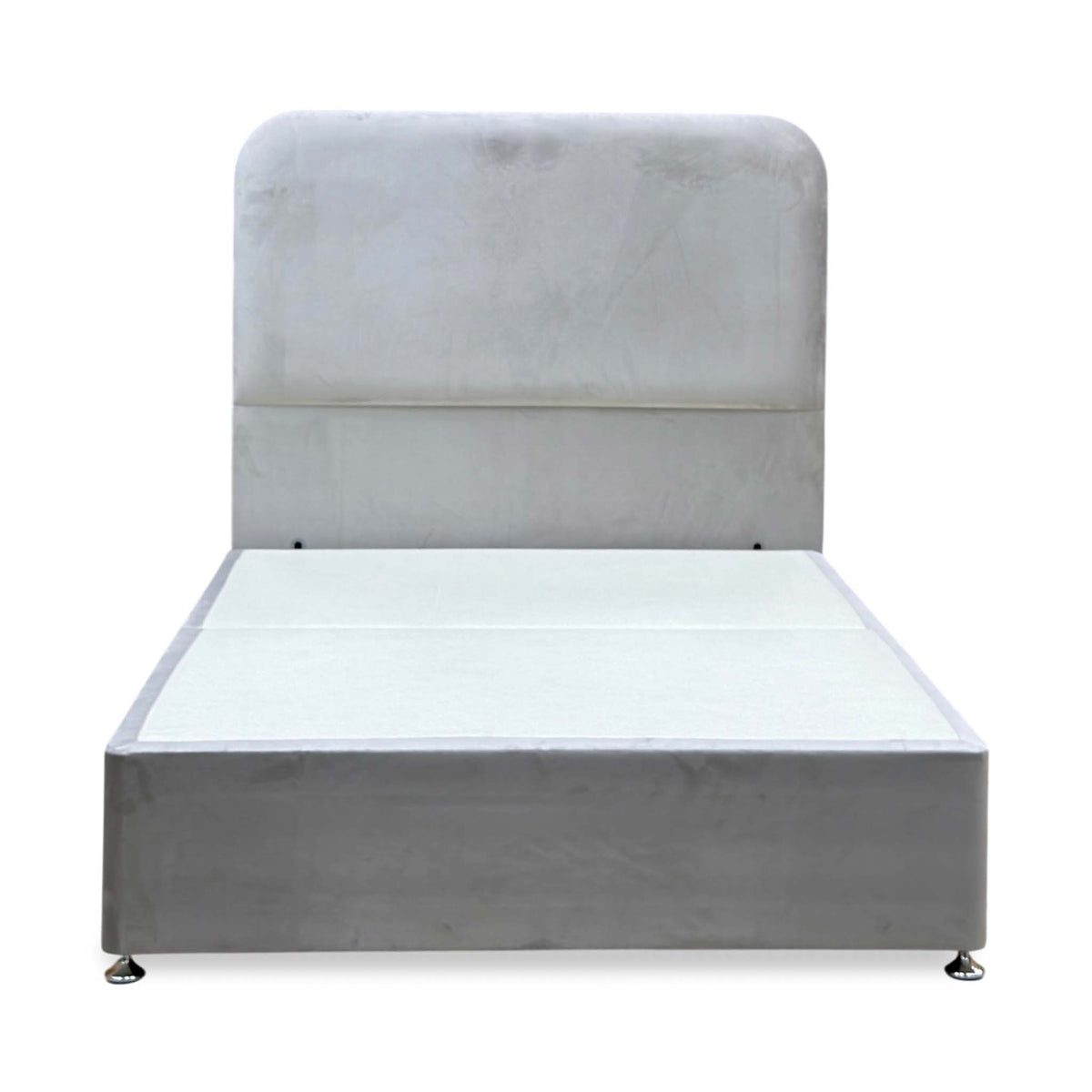 Front view of the Hamilton argent grey velvet floor standing headboard and double divan base