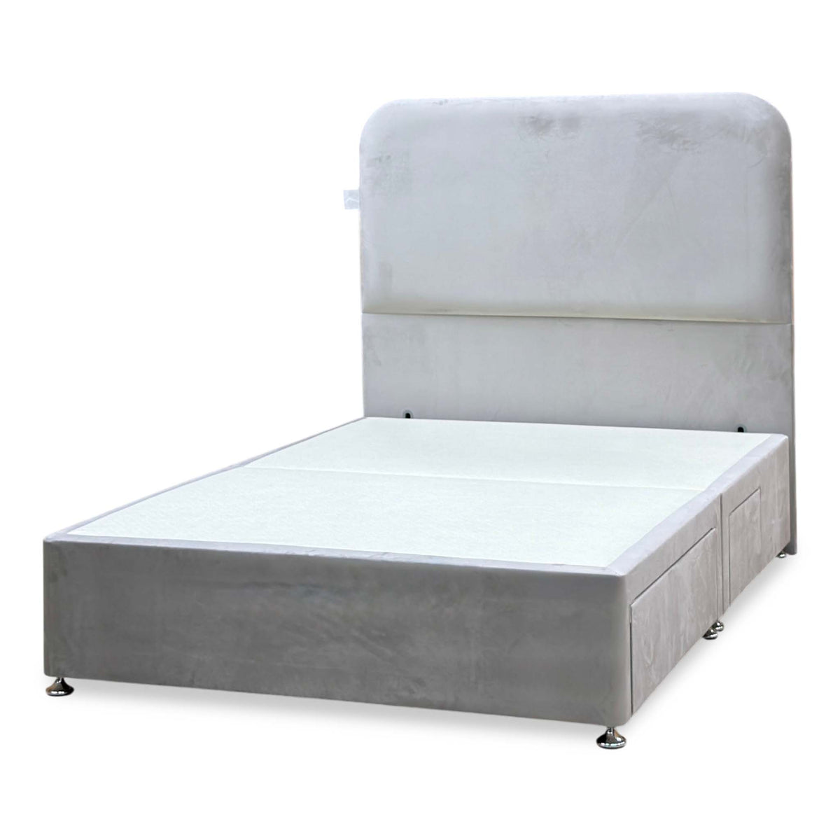 Hamilton argent grey velvet double divan base angled from the left, drawers closed, with chrome feet