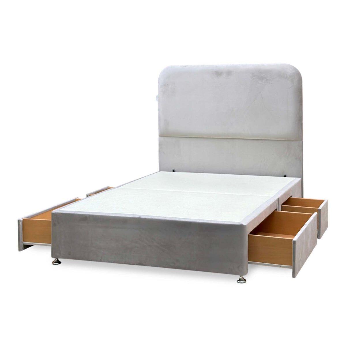 Hamilton argent grey velvet double divan base with all four drawers open, angled view