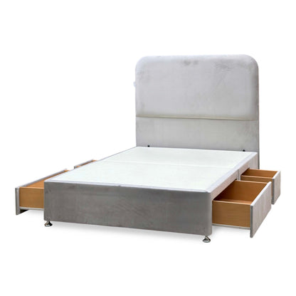 Hamilton argent grey velvet double divan base with all four drawers open, angled view