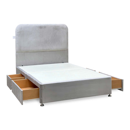 Hamilton argent grey velvet 4 drawer divan base angled from the left with the drawers pulled out