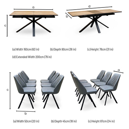 'Jupiter' Dark Oak 160cm Pop Up Extending Dining Table +  Grey Faux Leather Swivel Chairs Set of 6