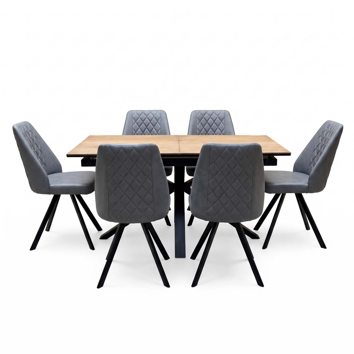 'Jupiter' Dark Oak 160cm Pop Up Extending Dining Table +  Grey Faux Leather Swivel Chairs Set of 6