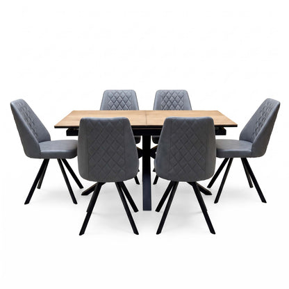 'Jupiter' Dark Oak 160cm Pop Up Extending Dining Table +  Grey Faux Leather Swivel Chairs Set of 6