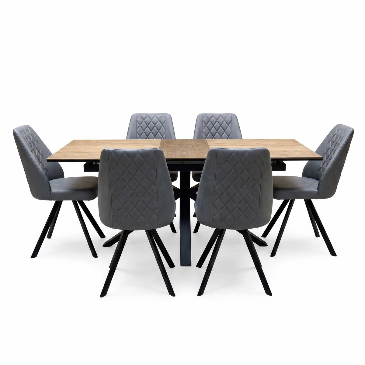 'Jupiter' Dark Oak 160cm Pop Up Extending Dining Table +  Grey Faux Leather Swivel Chairs Set of 6