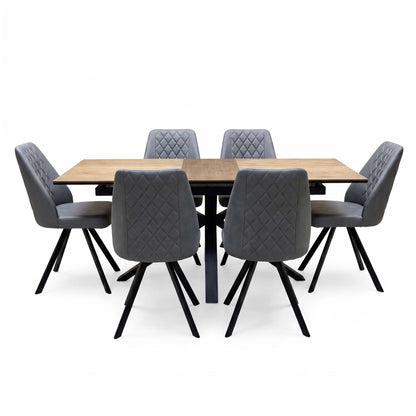 'Jupiter' Dark Oak 160cm Pop Up Extending Dining Table +  Grey Faux Leather Swivel Chairs Set of 6