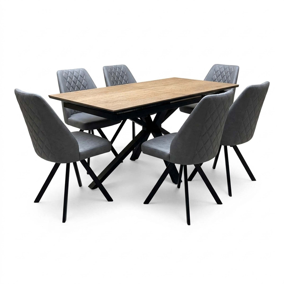 'Jupiter' Dark Oak 160cm Pop Up Extending Dining Table +  Grey Faux Leather Swivel Chairs Set of 6