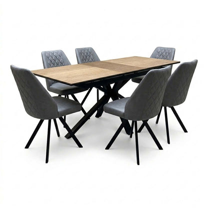 'Jupiter' Dark Oak 160cm Pop Up Extending Dining Table +  Grey Faux Leather Swivel Chairs Set of 6
