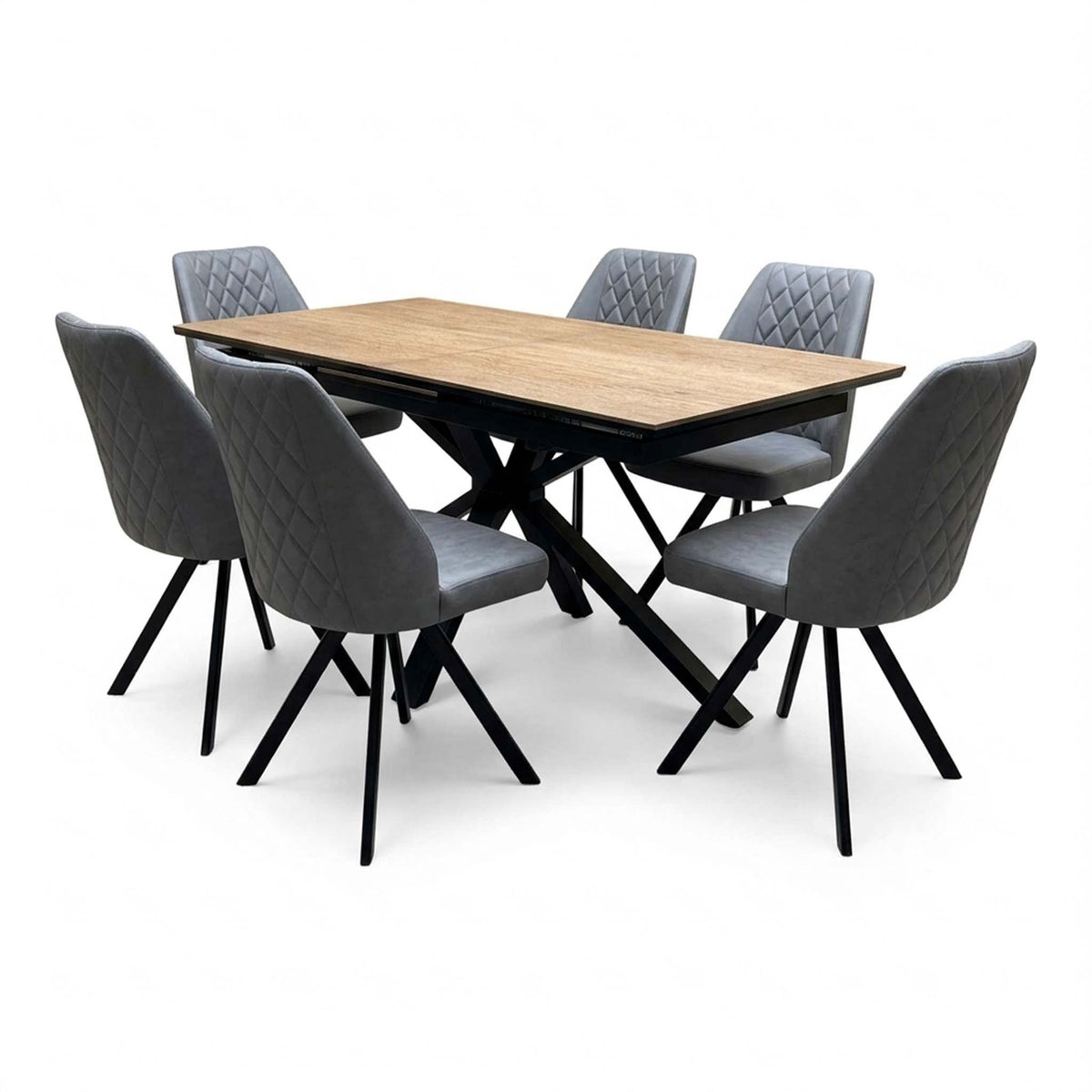 'Jupiter' Dark Oak 160cm Pop Up Extending Dining Table +  Grey Faux Leather Swivel Chairs Set of 6