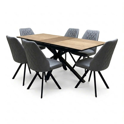 'Jupiter' Dark Oak 160cm Pop Up Extending Dining Table +  Grey Faux Leather Swivel Chairs Set of 6