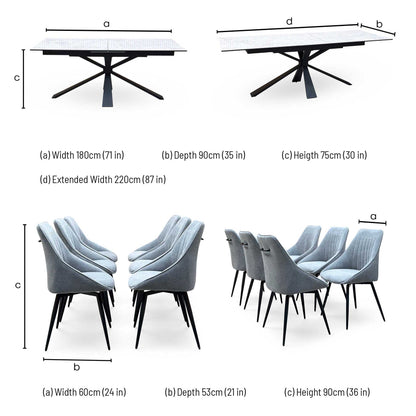'Crete' Ceramic Top 180cm Large Extending Dining Table with Silver Fabric Set of 6 Swivel Dining Chairs