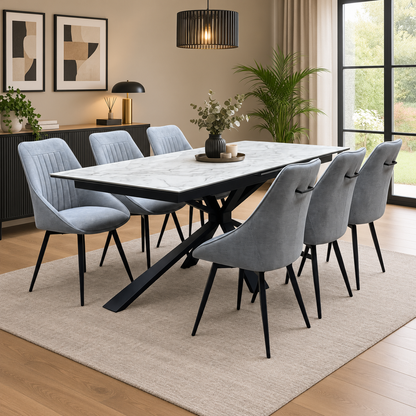 'Crete' Ceramic Top 180cm Large Extending Dining Table with Silver Fabric Set of 6 Swivel Dining Chairs