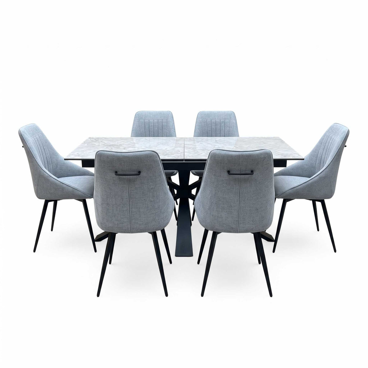 'Crete' Ceramic Top 180cm Large Extending Dining Table with Silver Fabric Set of 6 Swivel Dining Chairs