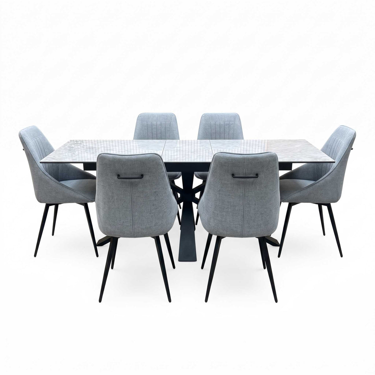 'Crete' Ceramic Top 180cm Large Extending Dining Table with Silver Fabric Set of 6 Swivel Dining Chairs
