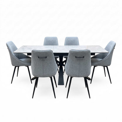 'Crete' Ceramic Top 180cm Large Extending Dining Table with Silver Fabric Set of 6 Swivel Dining Chairs