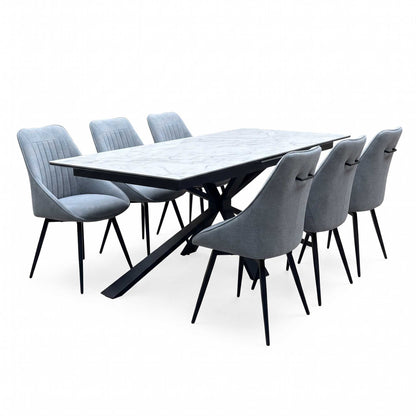 'Crete' Ceramic Top 180cm Large Extending Dining Table with Silver Fabric Set of 6 Swivel Dining Chairs