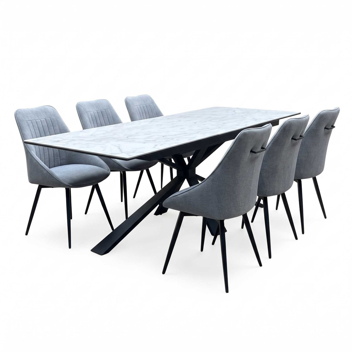 'Crete' Ceramic Top 180cm Large Extending Dining Table with Silver Fabric Set of 6 Swivel Dining Chairs