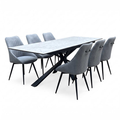 'Crete' Ceramic Top 180cm Large Extending Dining Table with Silver Fabric Set of 6 Swivel Dining Chairs