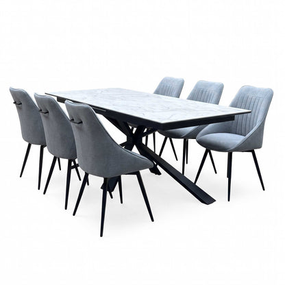 'Crete' Ceramic Top 180cm Large Extending Dining Table with Silver Fabric Set of 6 Swivel Dining Chairs