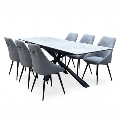 'Crete' Ceramic Top 180cm Large Extending Dining Table with Silver Fabric Set of 6 Swivel Dining Chairs