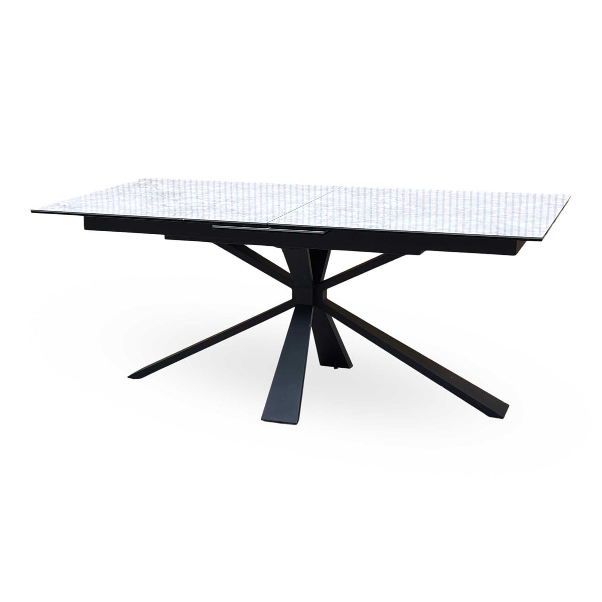 'Crete' Ceramic Top 180cm Large Extending Dining Table with Silver Fabric Set of 6 Swivel Dining Chairs