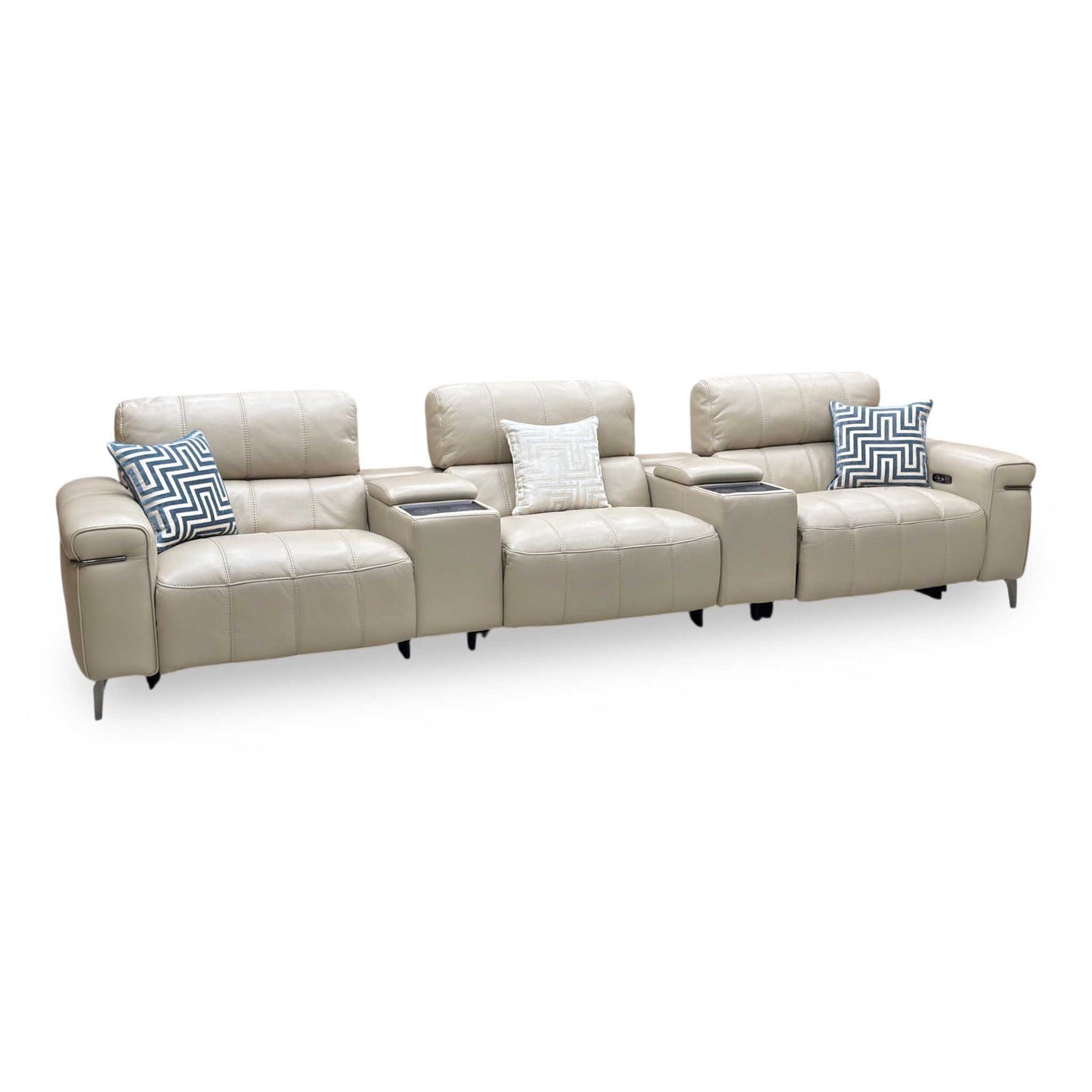 World of Leather ‘Homestage’ Nc-039c Pebble Cream Leather 4 Seater Power Recliner Sofa with Power Headrests + Media Consoles