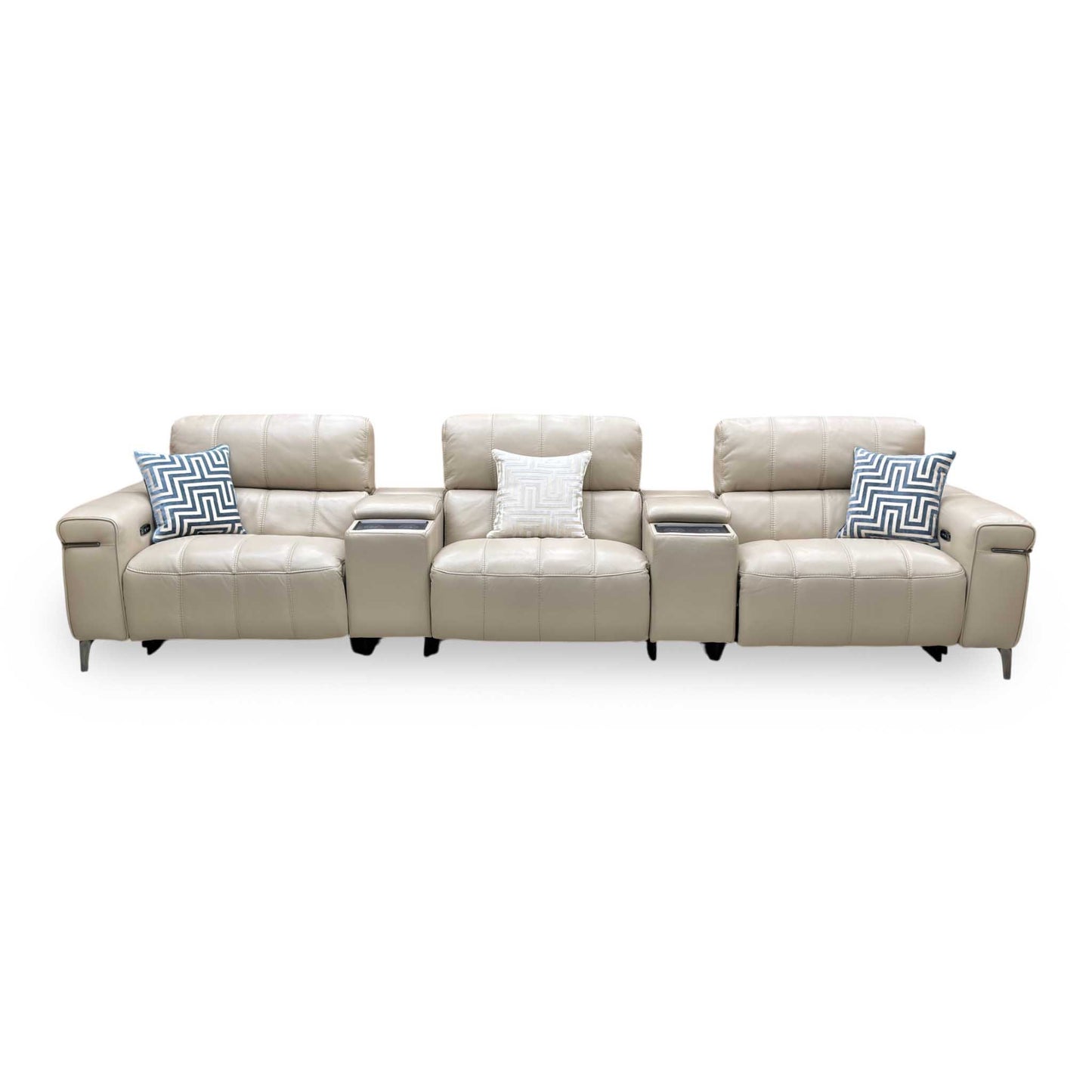 World of Leather ‘Homestage’ Nc-039c Pebble Cream Leather 4 Seater Power Recliner Sofa with Power Headrests + Media Consoles