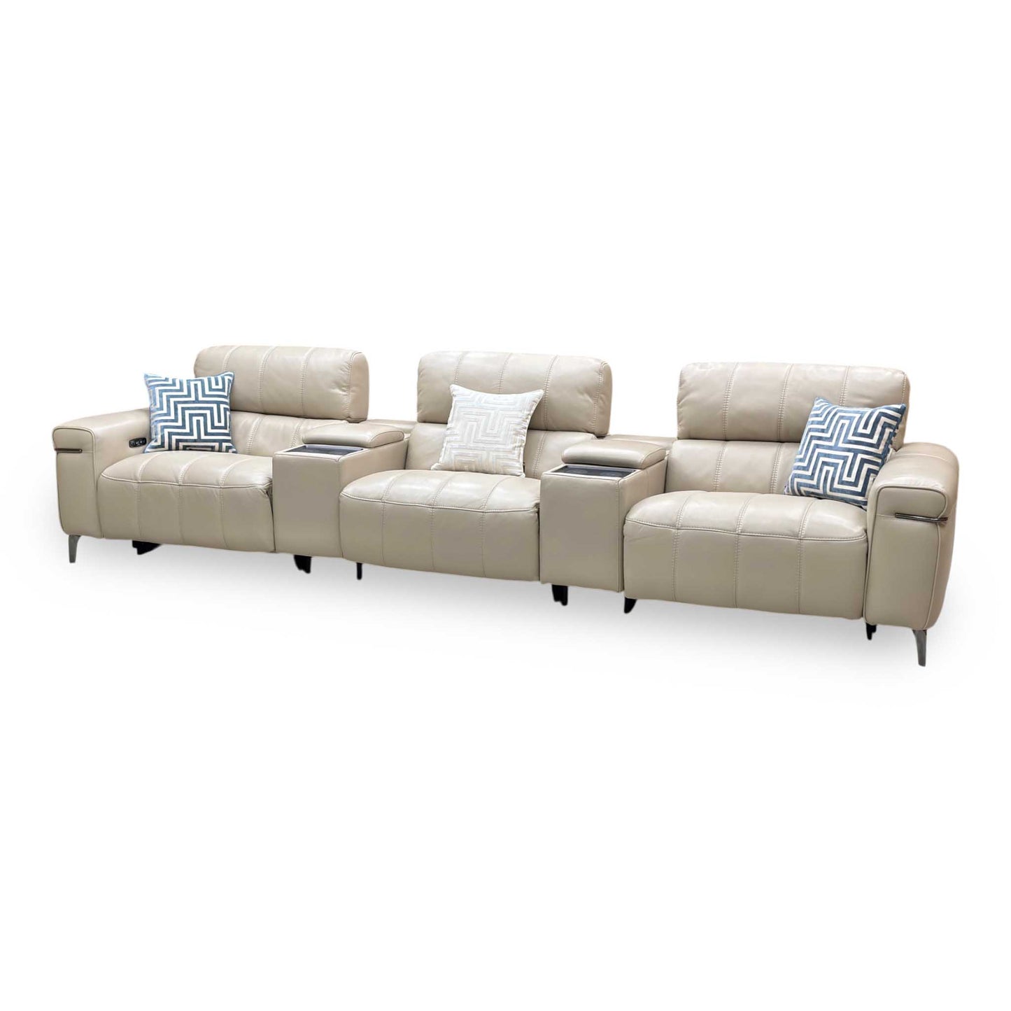 World of Leather ‘Homestage’ Nc-039c Pebble Cream Leather 4 Seater Power Recliner Sofa with Power Headrests + Media Consoles