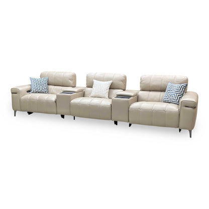 World of Leather ‘Homestage’ Nc-039c Pebble Cream Leather 4 Seater Power Recliner Sofa with Power Headrests + Media Consoles