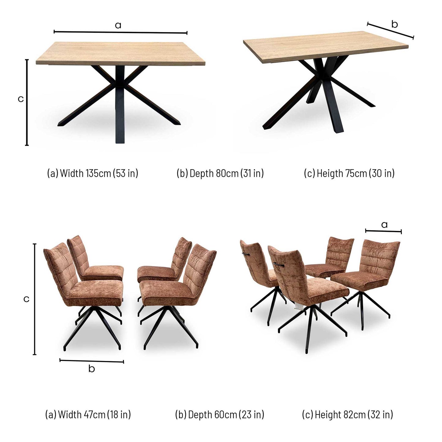 'Saturn' Solid Oak Compact 135cm Fixed Dining Table with Rust Sumptuous Velvet Dining Chairs - Set of 4